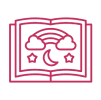 Neon open book with rainbow and stars.