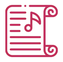Musical note on scroll icon, pink outline.